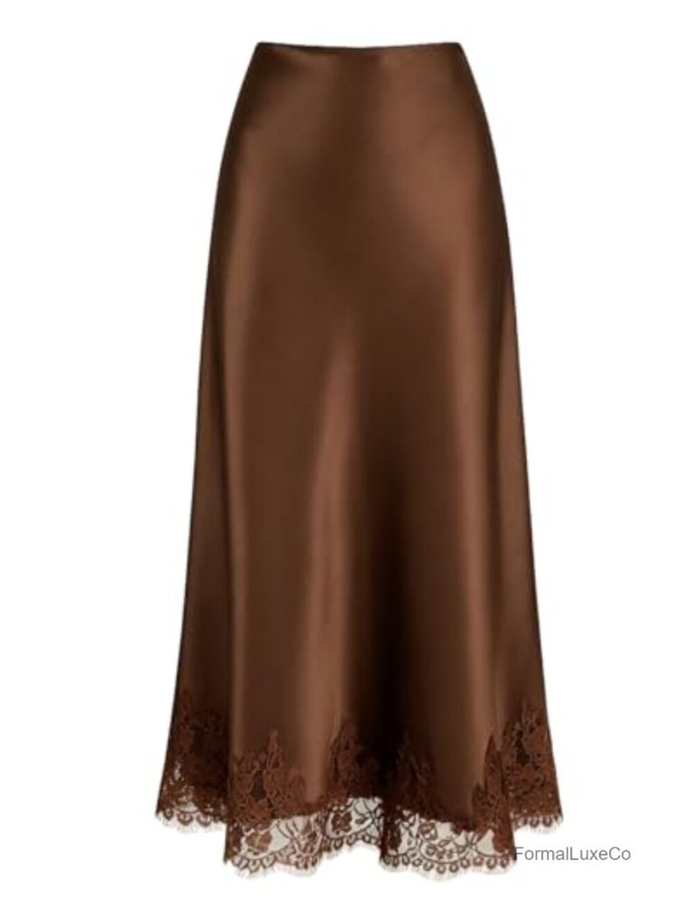 Lace Trim Satin Midi Skirt High Waisted A-Line Long Skirt